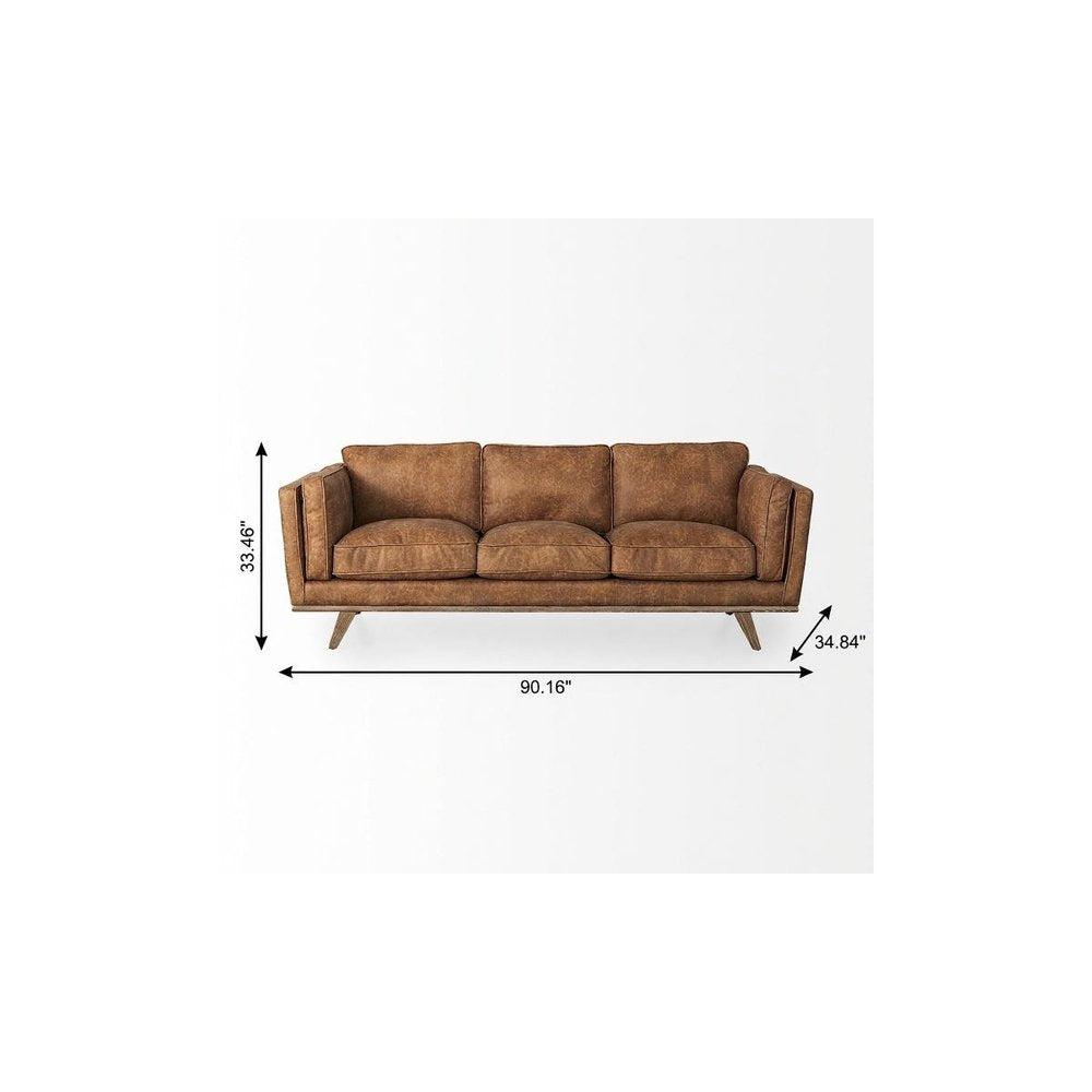 90" Brown Faux Leather Mid-Century Sofa