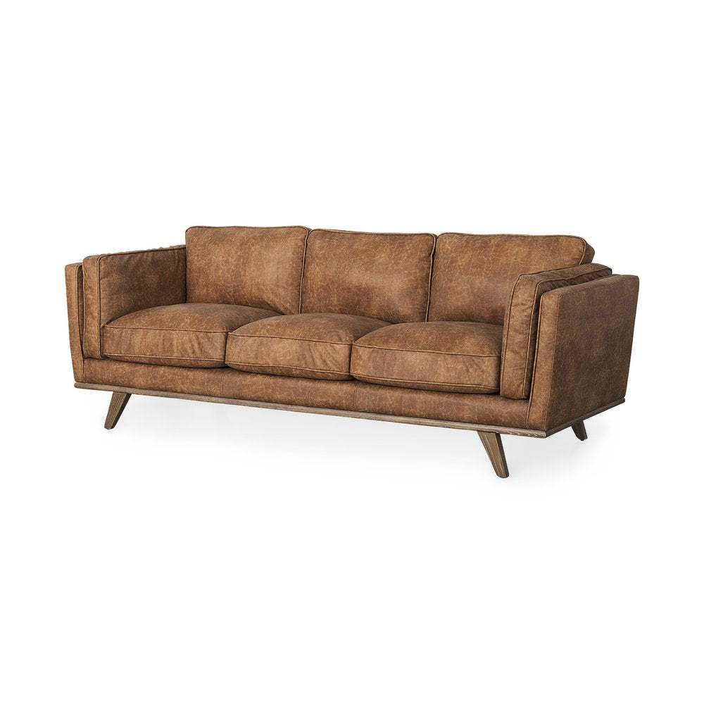 90" Brown Faux Leather Mid-Century Sofa