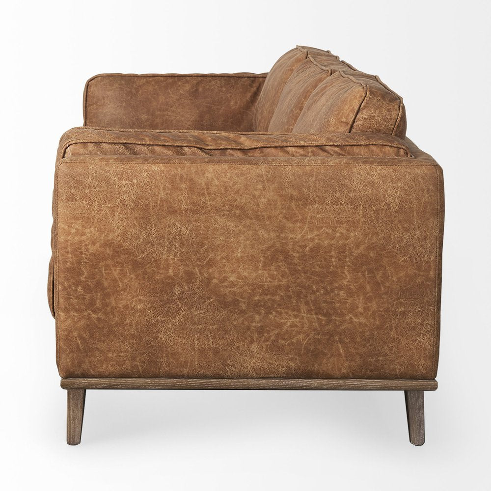 90" Brown Faux Leather Mid-Century Sofa