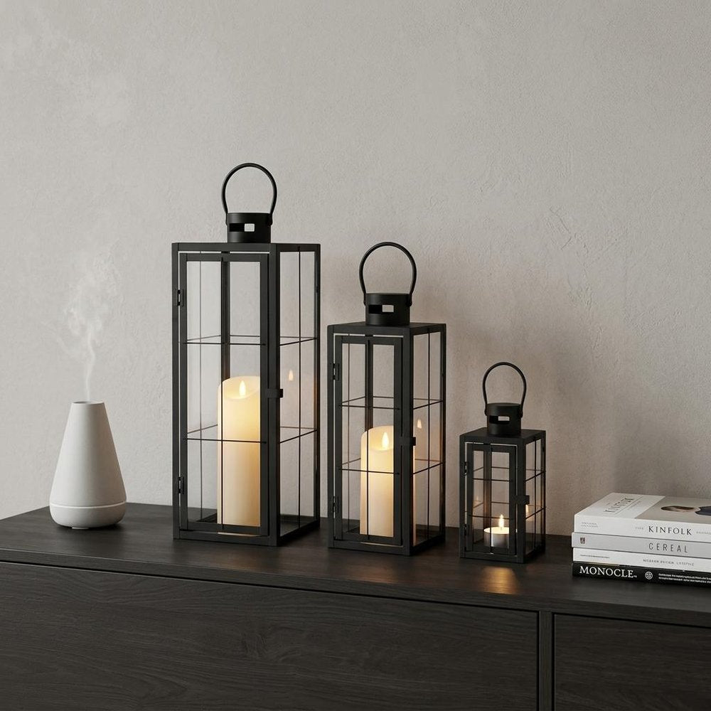 Set of Three Black Glass Floor Lantern Candle Holders
