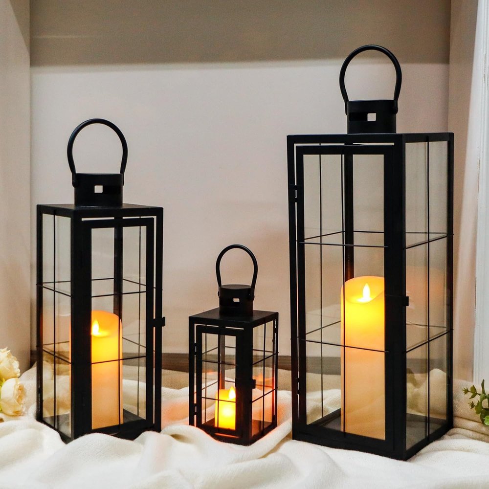 Set of Three Black Glass Floor Lantern Candle Holders