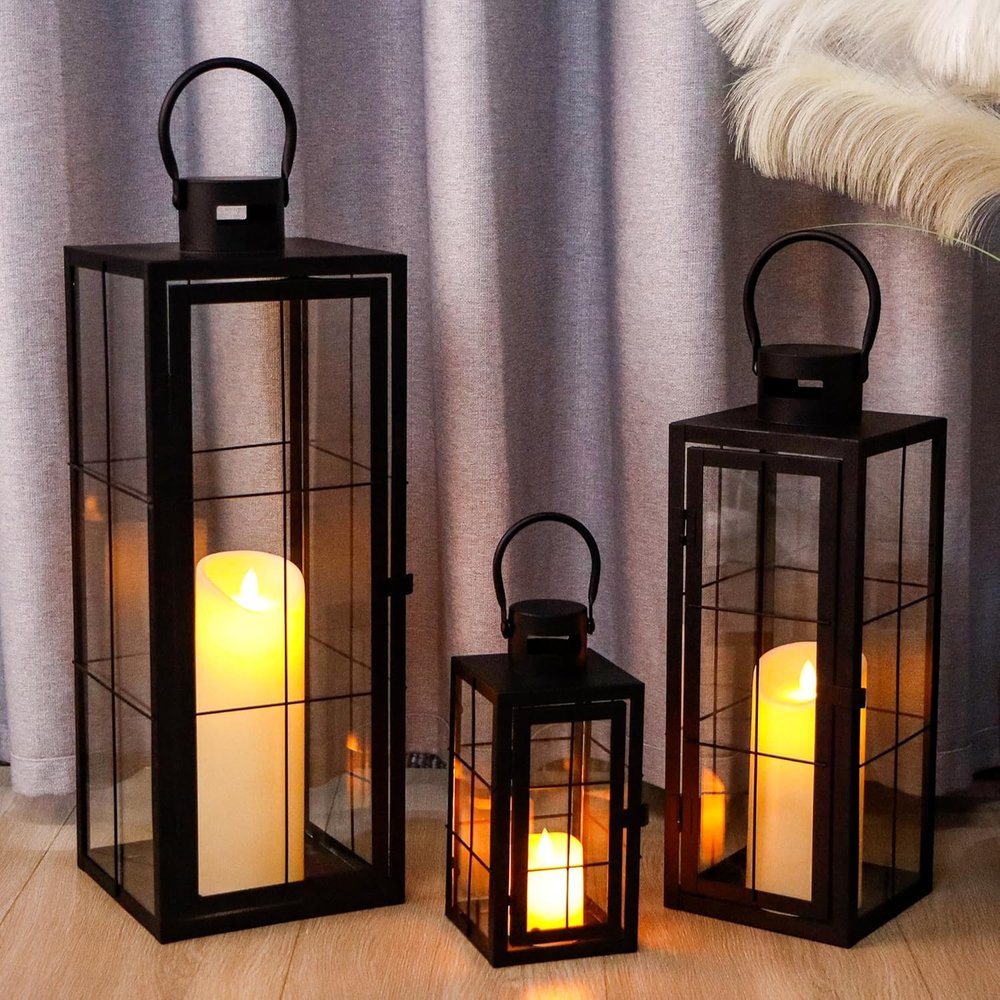 Set of Three Black Glass Floor Lantern Candle Holders