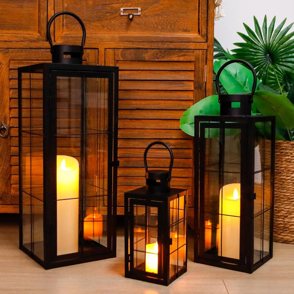 Set of Three Black Glass Floor Lantern Candle Holders