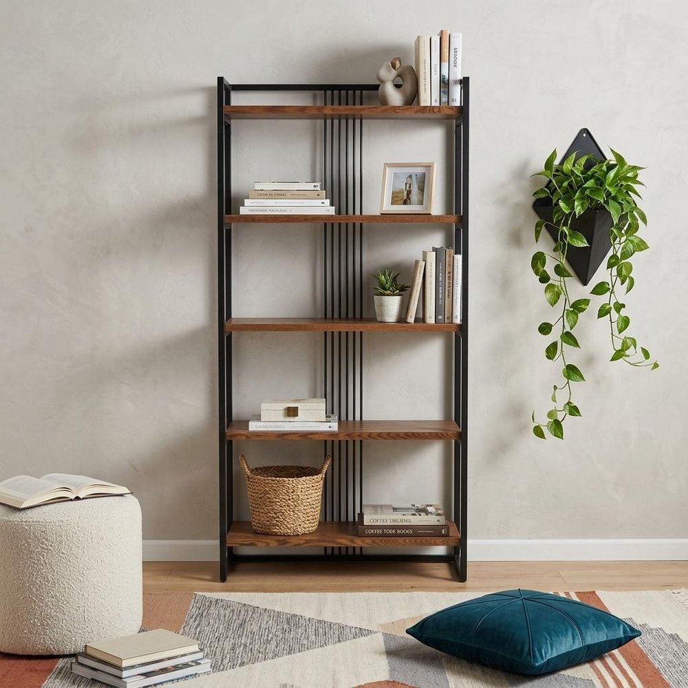 30" Brown Metal and Wood Five Tier Etagere Bookcase