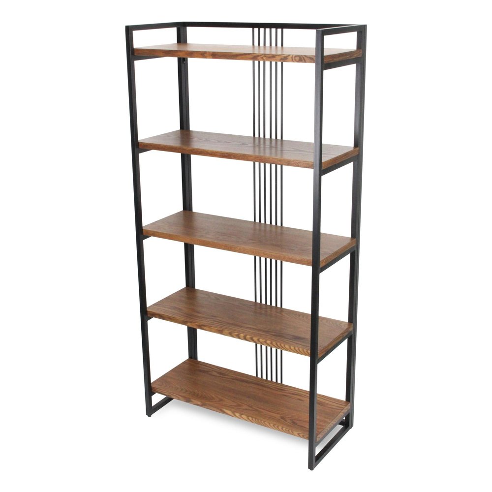 30" Brown Metal and Wood Five Tier Etagere Bookcase