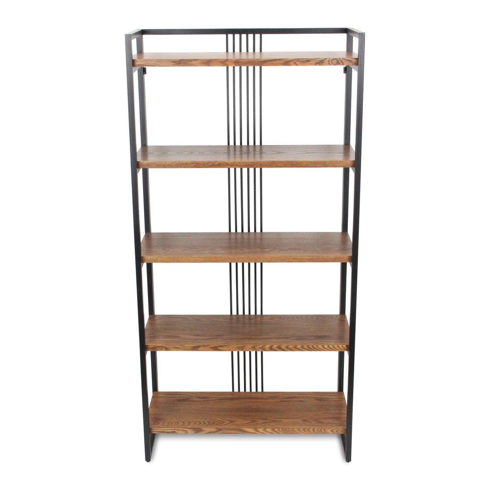 30" Brown Metal and Wood Five Tier Etagere Bookcase