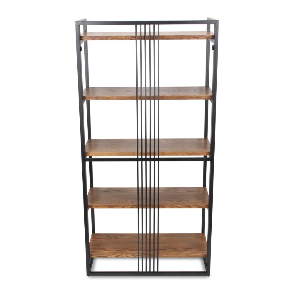 30" Brown Metal and Wood Five Tier Etagere Bookcase