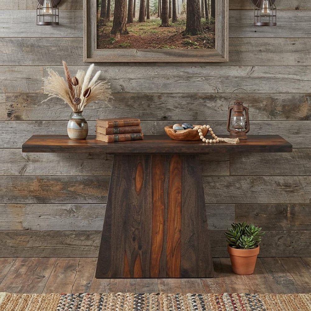 57" Mahogany and Brown Wood Pedestal Console Table