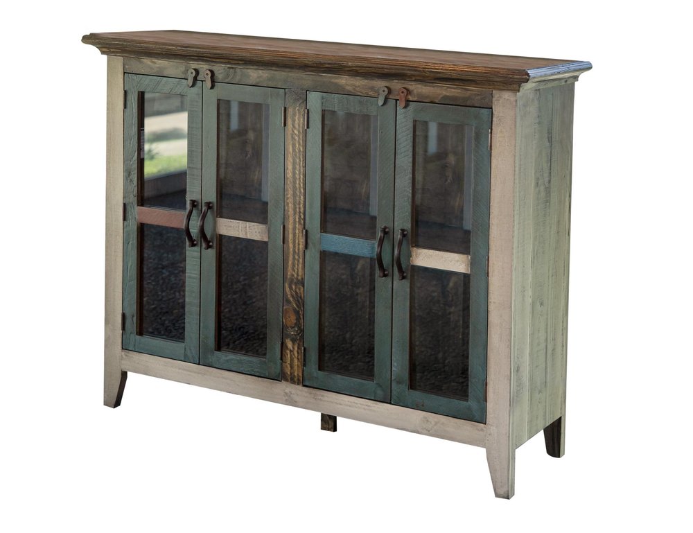 51" Red, Brown, and Blue Distressed Wood Sideboard