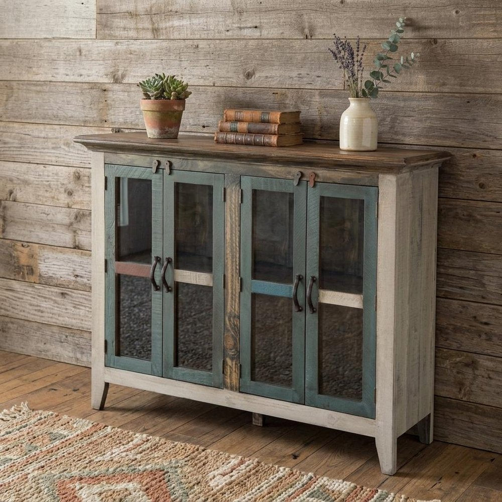 51" Red, Brown, and Blue Distressed Wood Sideboard