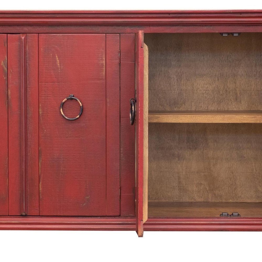 74" Red Distressed Wood Sideboard With Four Doors
