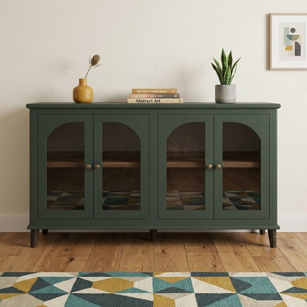 71" Distressed Wood Sideboard with Arched Glass Doors