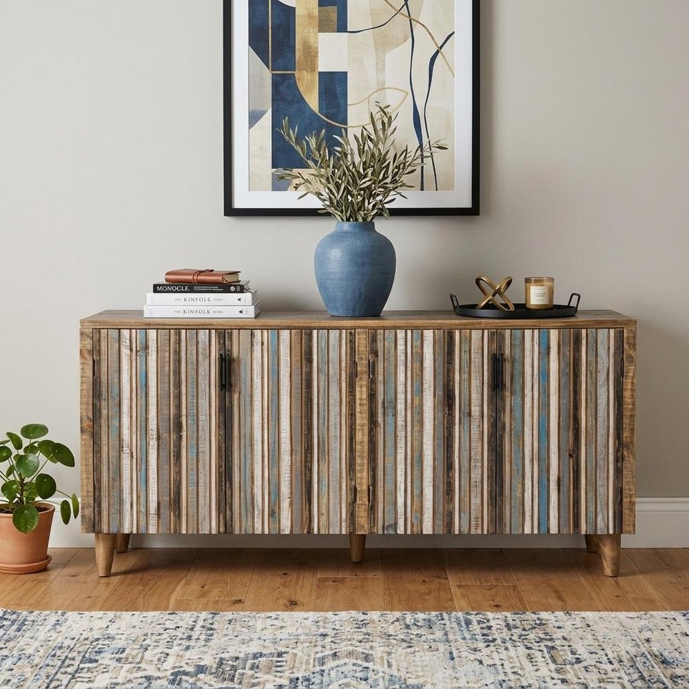69" Brown and Multi-Blue Coastal Sideboard
