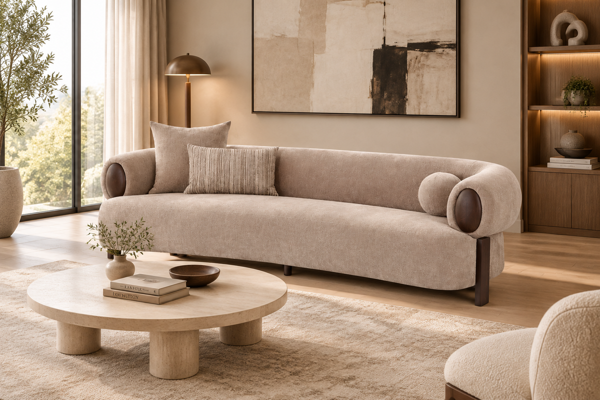 98" Taupe Curved Open Arm Sofa