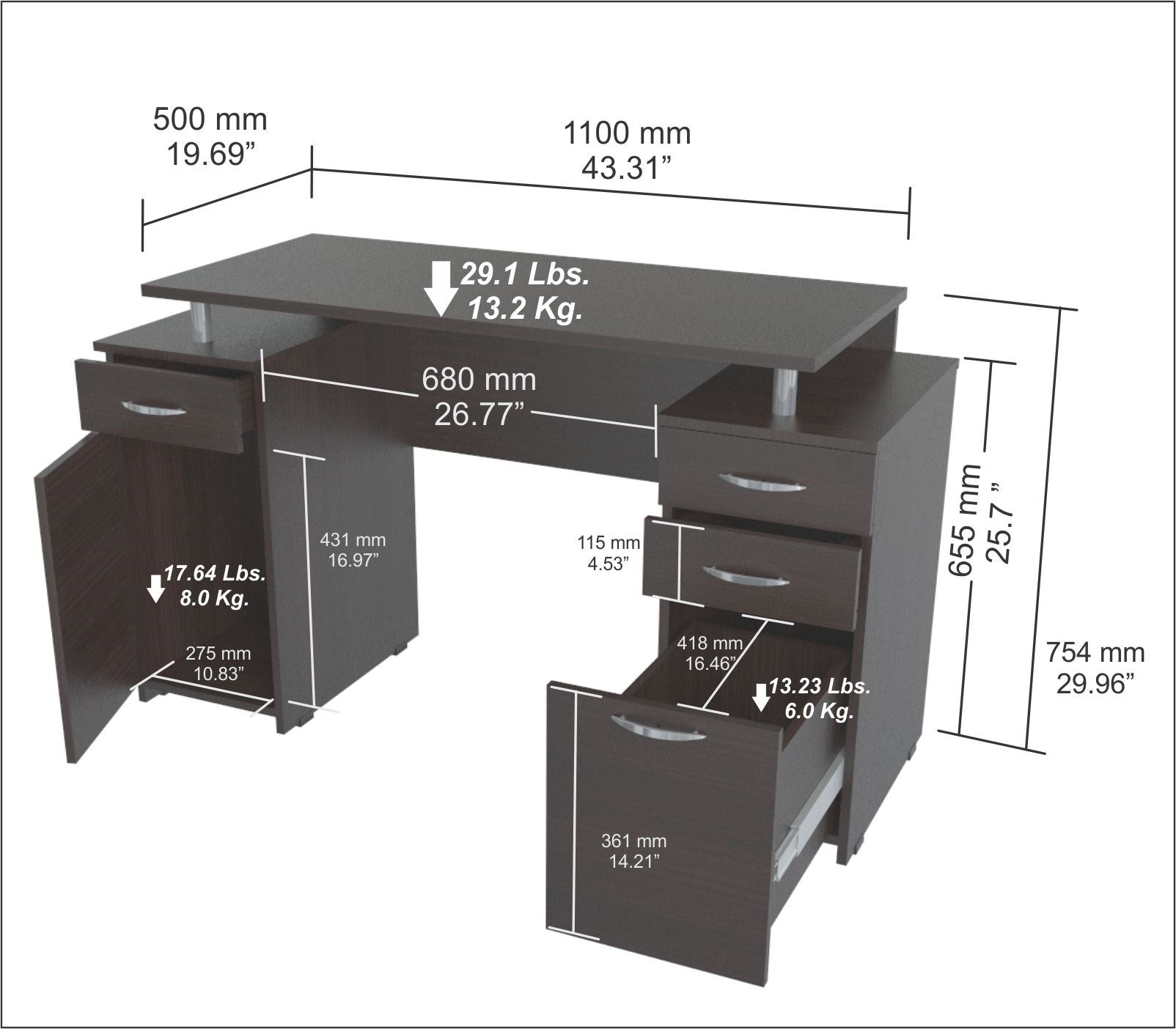 Espresso Finish Wood Computer Desk with Four Drawers-4