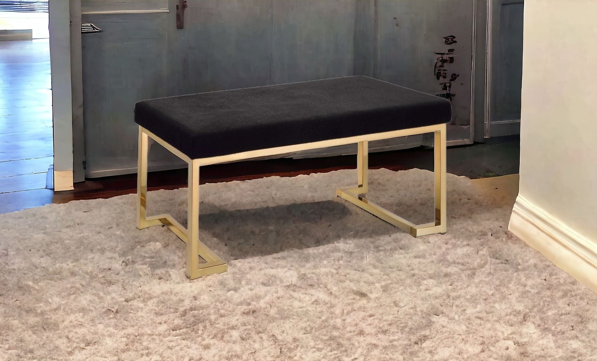 40" Black and Gold Faux Fur Bench