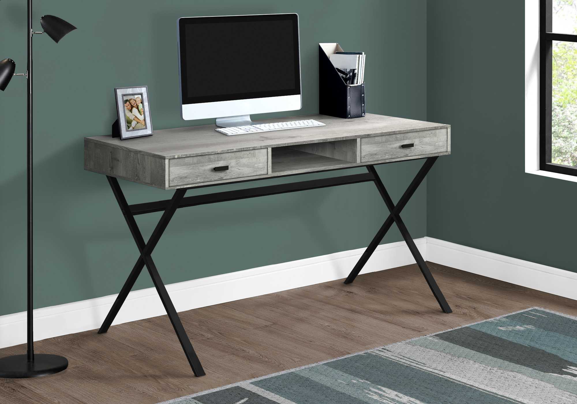 29.25" Grey Reclaimed Wood Particle Board and Black Metal Computer Desk-0