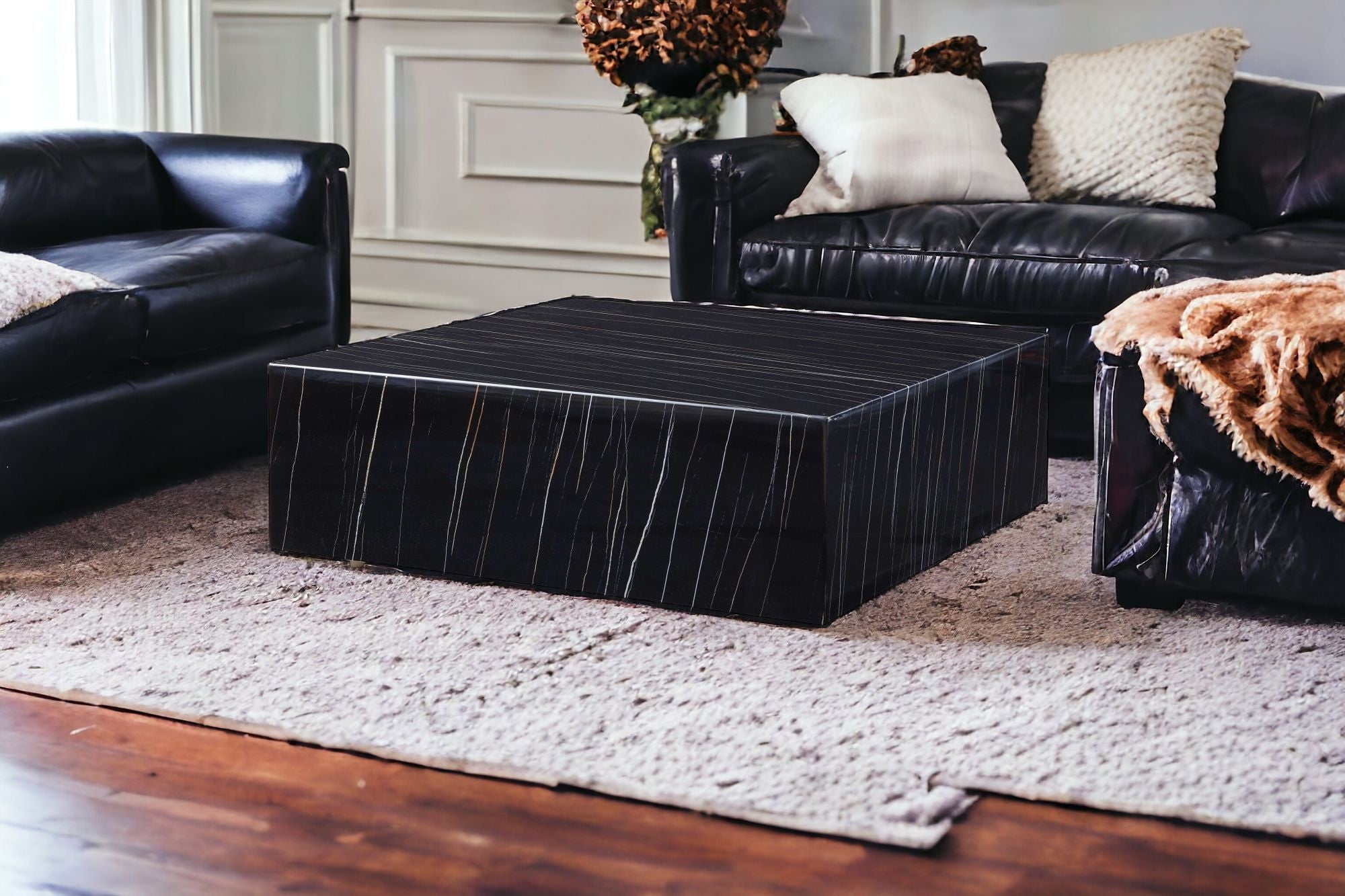 35" Black Marble Square Coffee Table