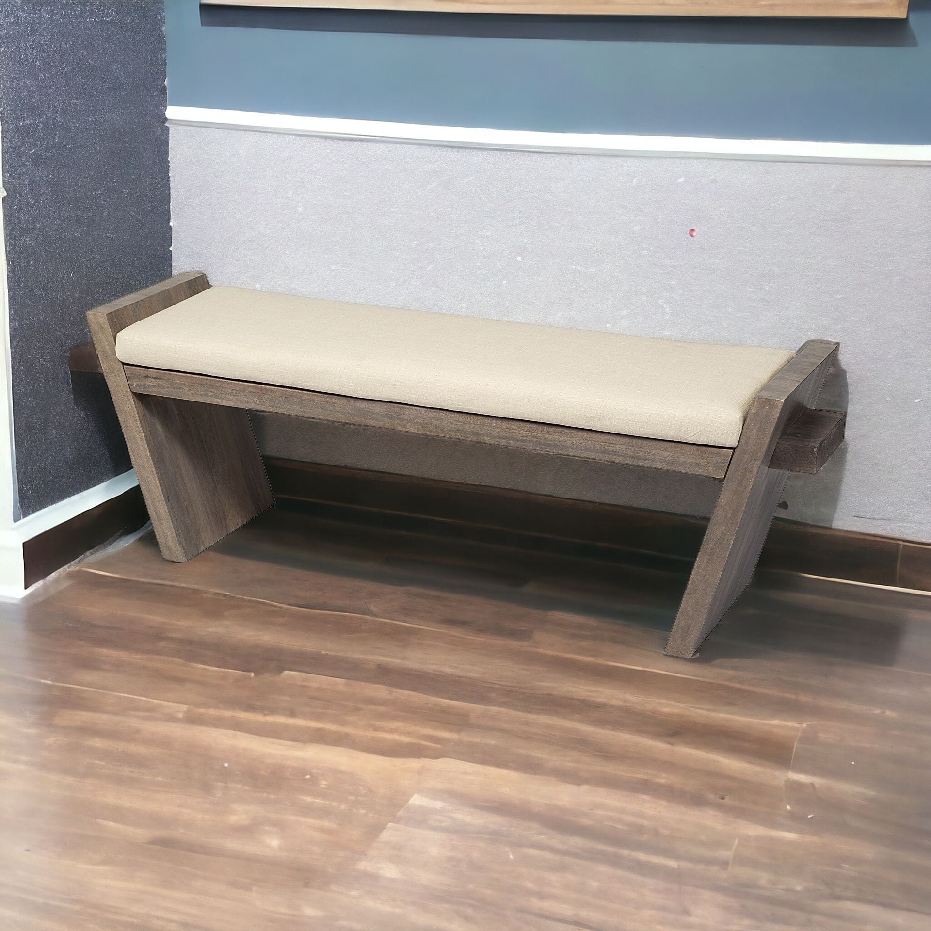 58" Off-White Wood and Linen Entryway Bench