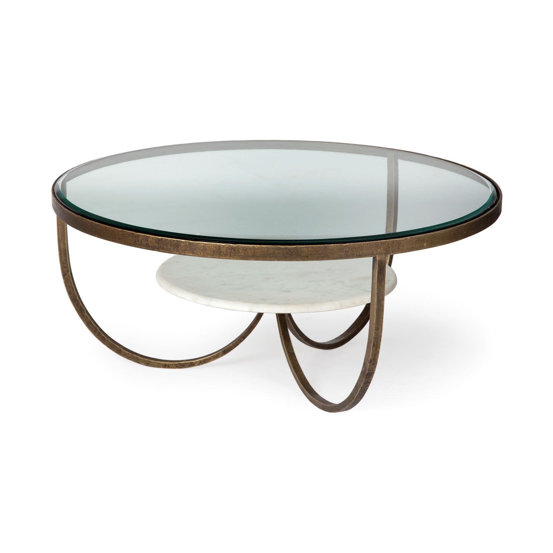 36" Round Glass and Marble Gold Coffee Table