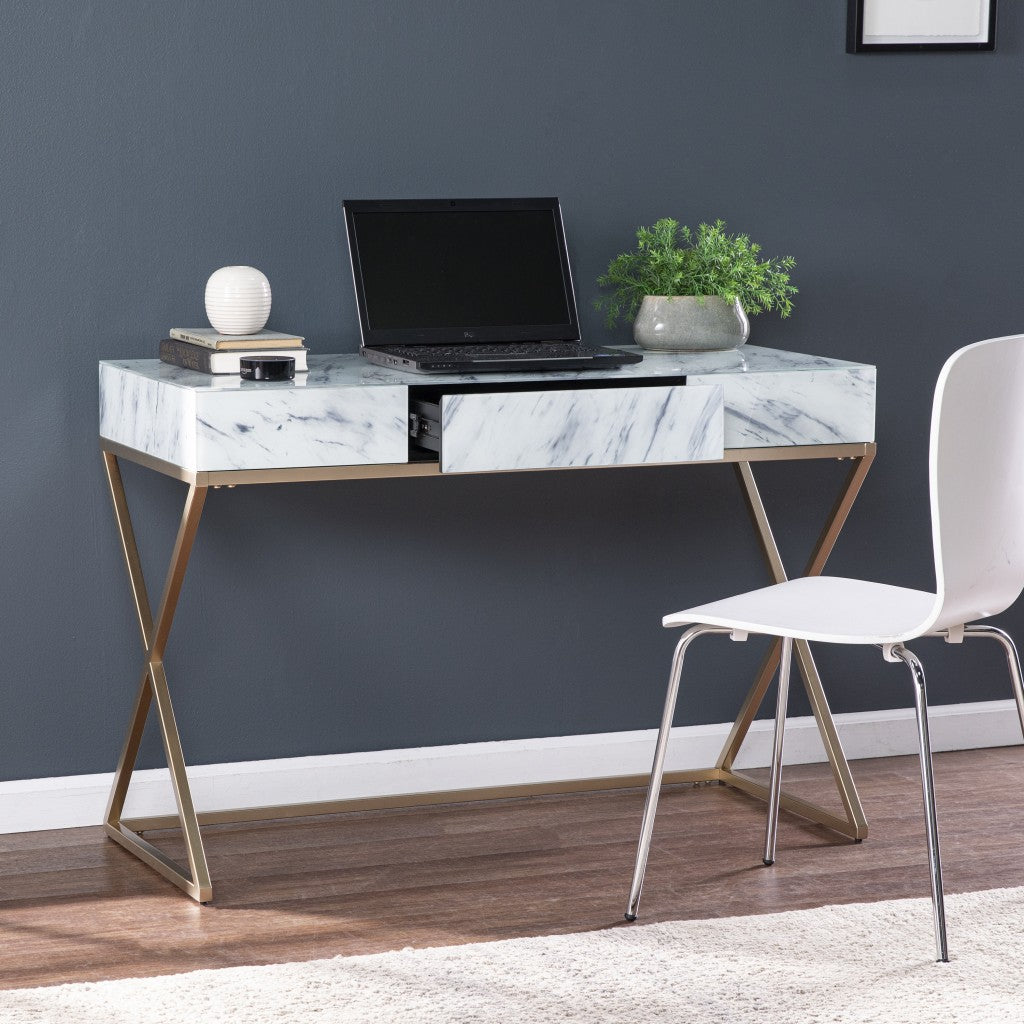 Faux Marble Writing Desk with Storage-2