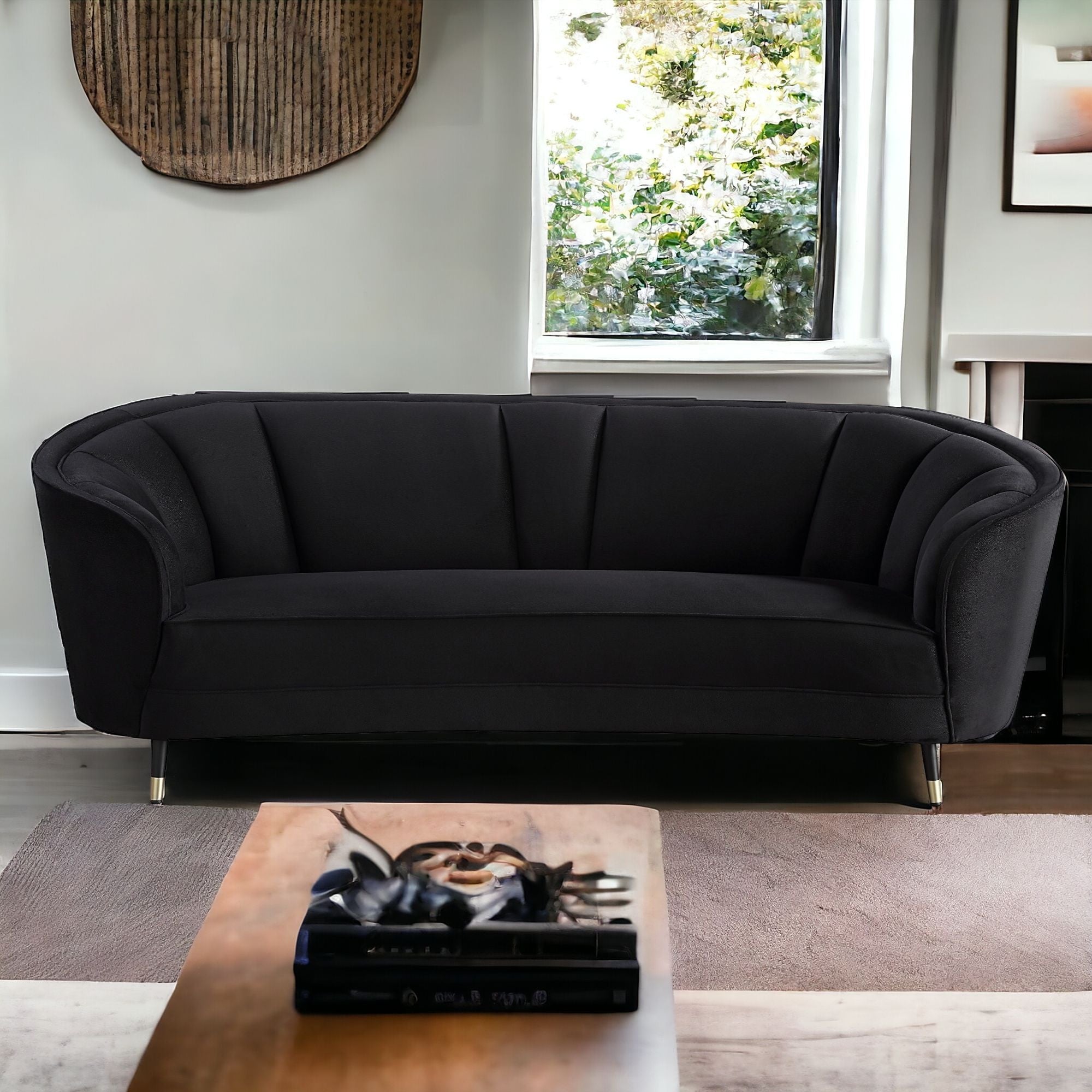 92" Black Curved Velvet Sofa