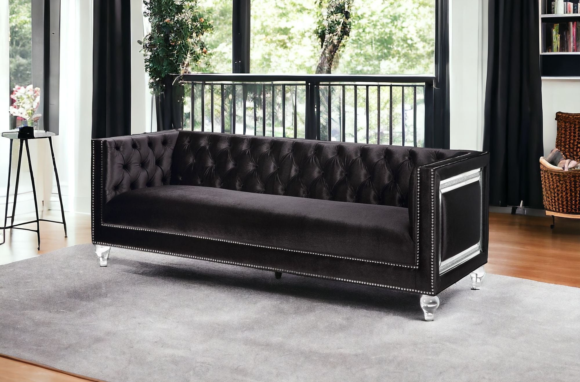 89" Black and Silver Velvet Tuxedo Sofa