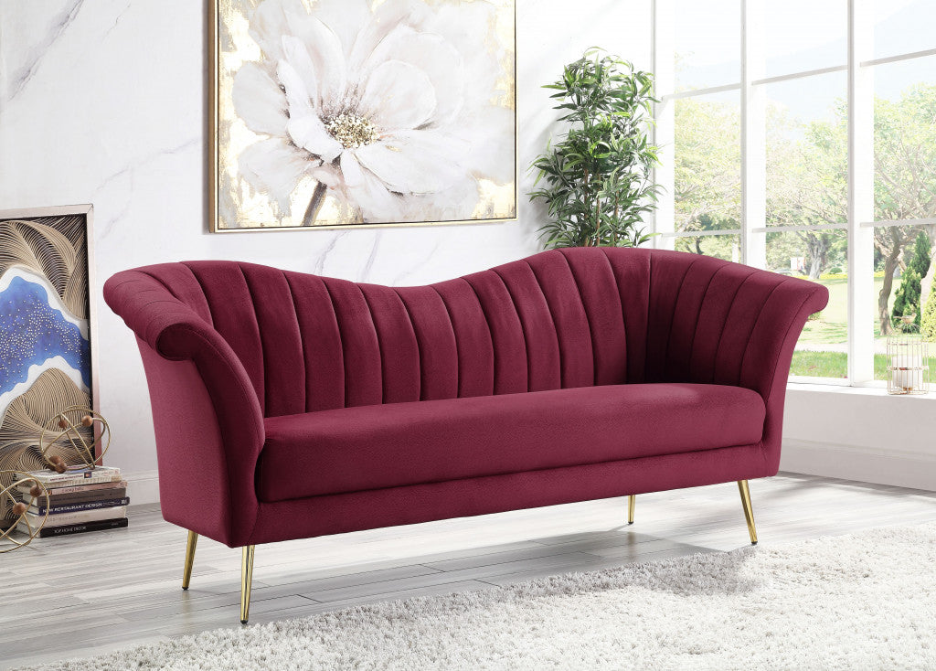 80" Red and Gold Velvet Rolled-Arm Sofa