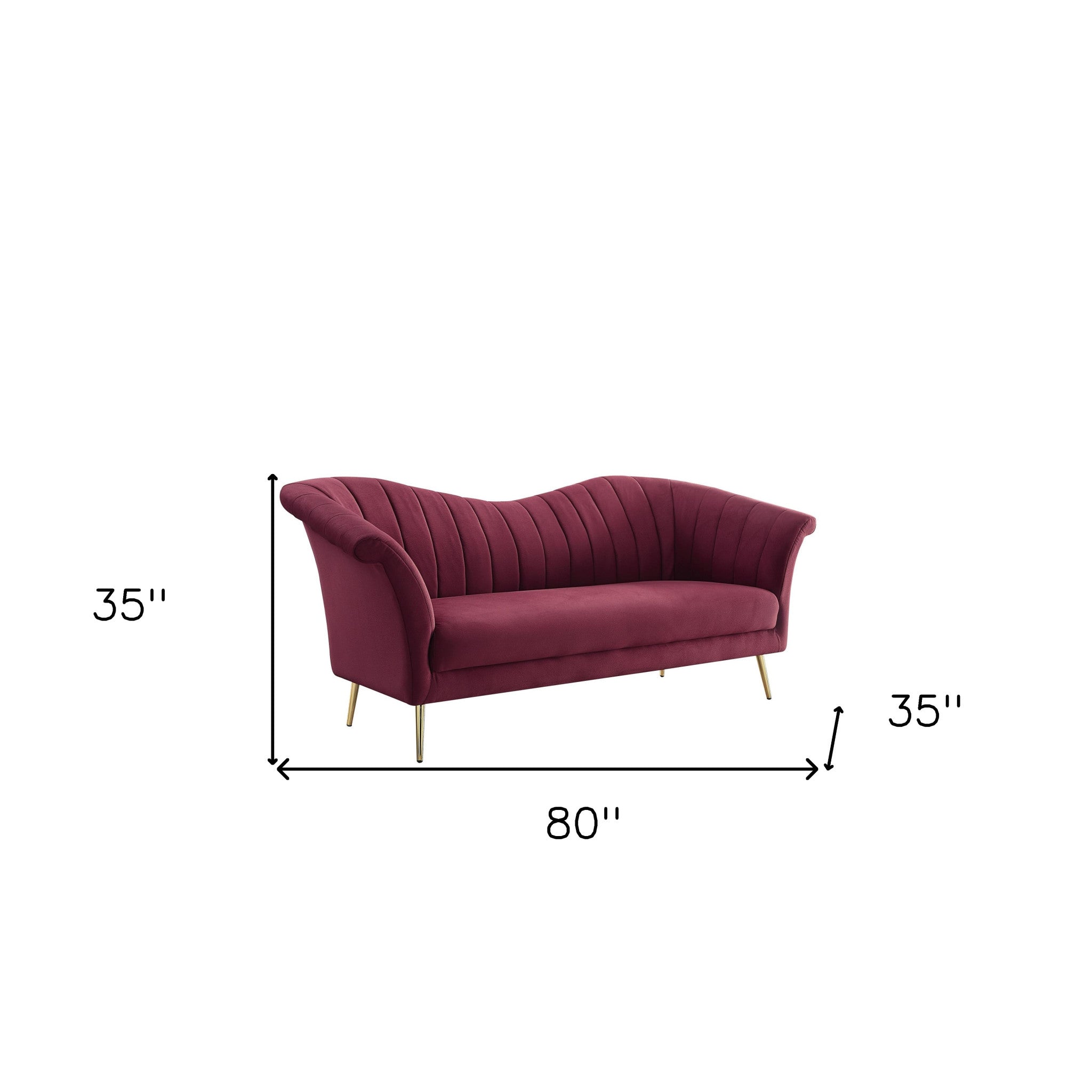 80" Red and Gold Velvet Rolled-Arm Sofa