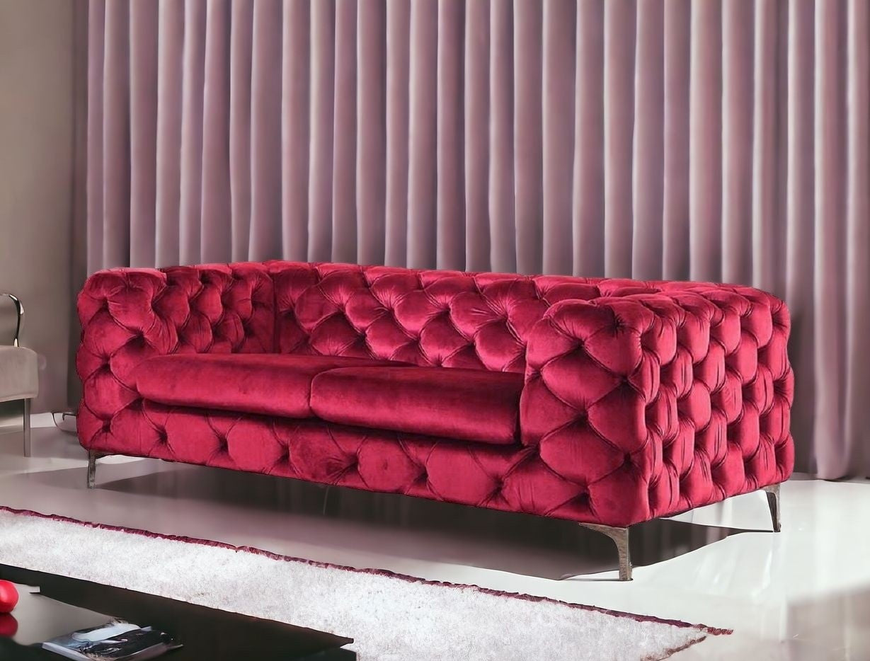 75" Red Velvet Modern Chesterfield Sofa