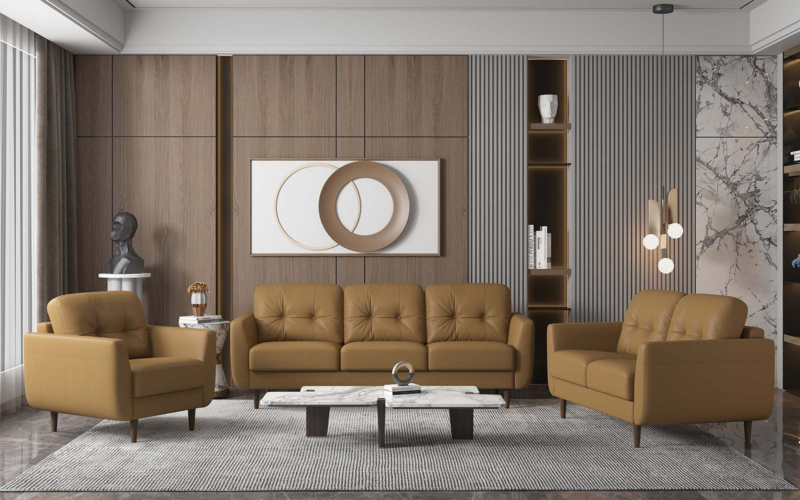 59" Camel Brown Tufted Leather Loveseat