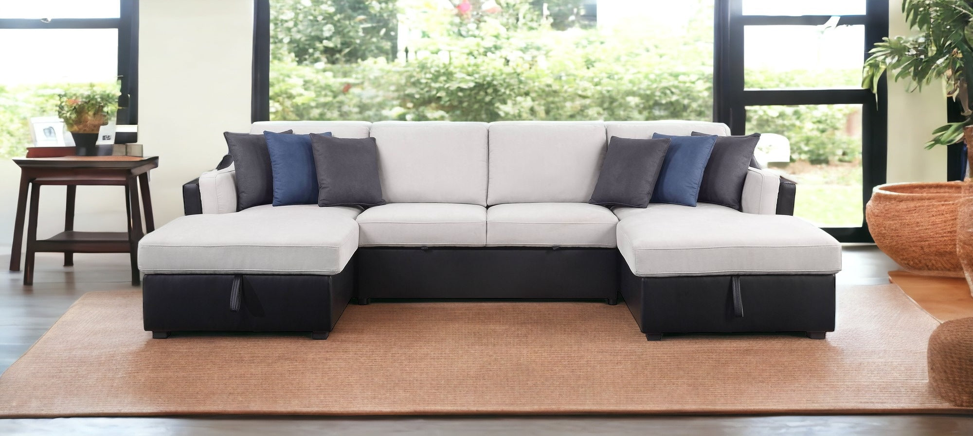 127" U-Shaped White and Black Sectional Sofa